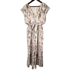 Grade & Gather Abstract Cropped Wide Leg Jumpsuit Tan Brown Blue Medium